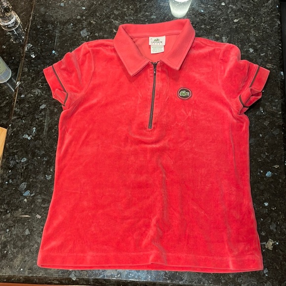 Lacoste cotton velvet zip polo. Saturated coral pink color. - Picture 1 of 3